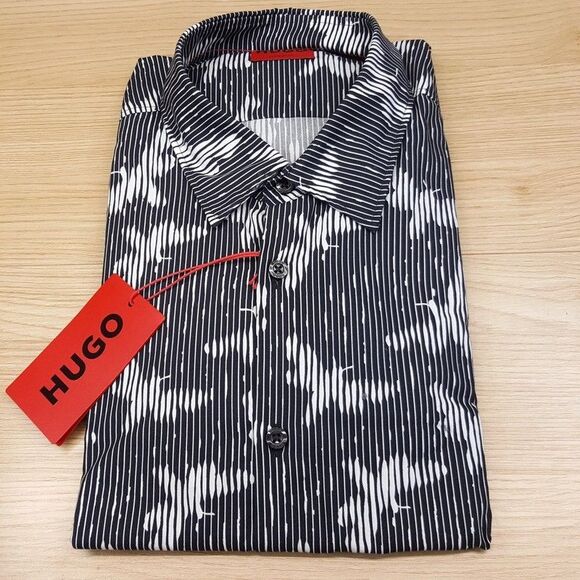 HUGO BOSS Shirt Mens XXL Black Button Up Slim Fit Textured ERMO Butterfly $128 - Picture 2 of 6